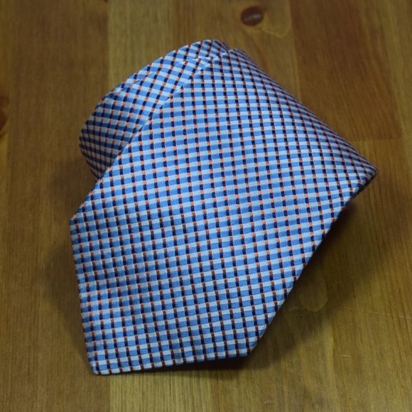 $250 Charvet Tie Navy Blue Aqua Orange Check Micro Squares  $250 Charvet Tie Navy Blue Aqua Orange Check Micro Squares Necktie Silk New